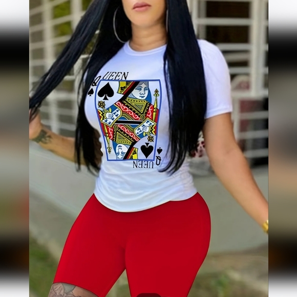 Womens White / Red 2-Piece "Queen" Short Set - Picture 5 of 7